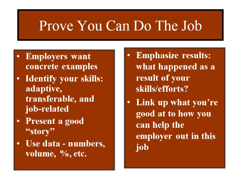 Prove You Can Do The Job Employers want concrete examples Identify your skills: 